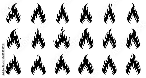Collection of flame icon designs: black silhouette fire elements for graphic use