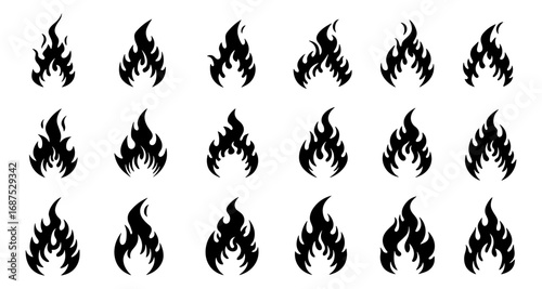 Set of black flame icons in various shapes and styles for design projects