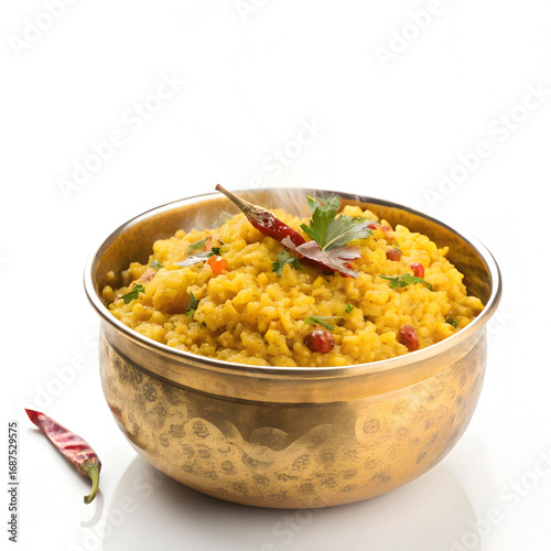 Nutritious chana dal khichdi served in a brass bowl. A wholesome Indian comfort food