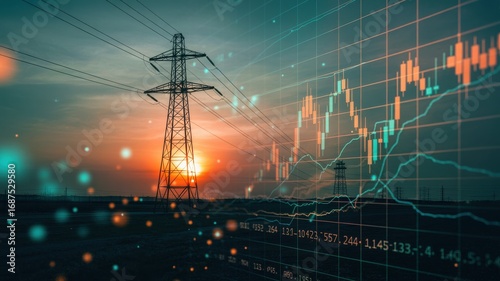 Electric power transmission tower at sunset with overlay of financial stock market data charts