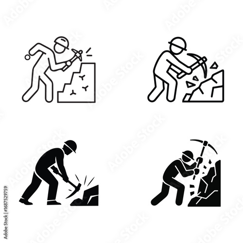 
Silhouette and black line art of a Construction Worker Digging with a Pickaxe Wearing, Hard Hat, Industrial Labor, all Editable Stroke