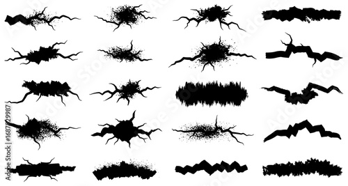 Set of grunge cracks and splatter shapes in silhouette style on white background