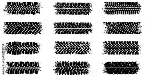 Grunge tire track set with varied patterns in black and white