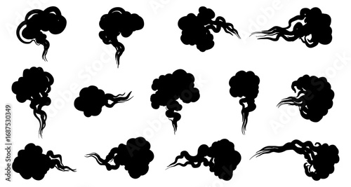Set of black smoke silhouettes on white background