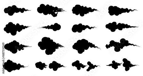 Silhouette smoke plumes: diverse shapes and sizes on white background