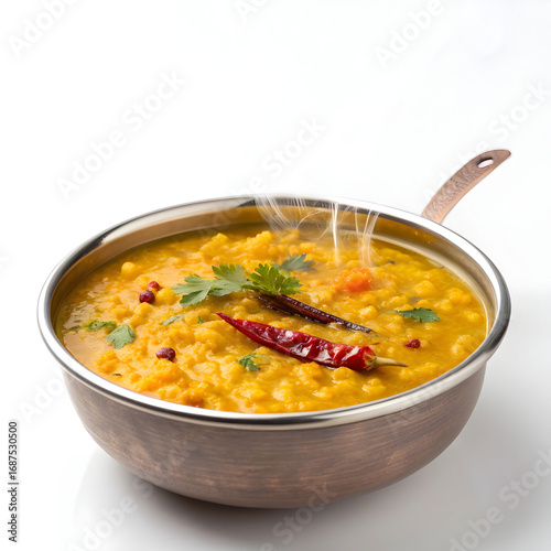 Hearty cooked toor dal curry made with split pigeon peas, seasoned with Indian spices, served hot.