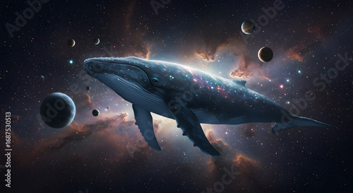Abstract Cosmic Whale Floating Through Galaxy with Planets and Nebula Clouds Under Diffused Illumination in Deep Space Setting