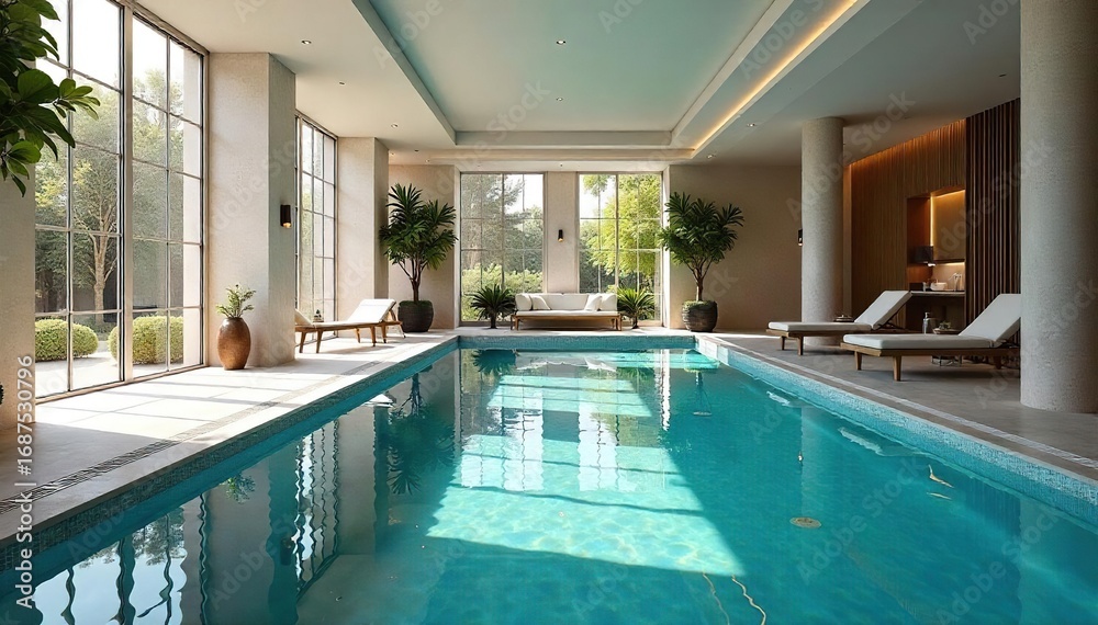 Luxury indoor swimming pool with crystal-clear water, surrounded by elegant architecture and natural light streaming through large windows Perfect for relaxation and recreation , fitness, home Luxury indoor swimming pool with crystal-clear water, surrounded by elegant architecture and natural light streaming through large windows Perfect for relaxation and recreation , fitness, home