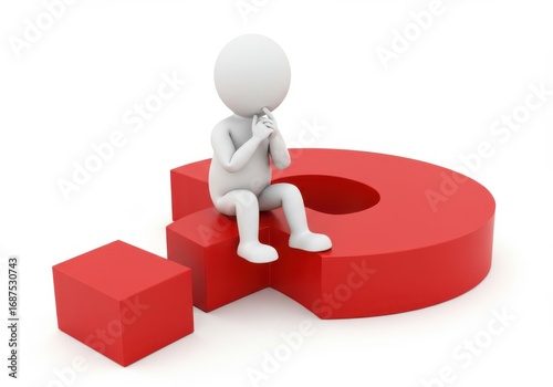 Confused white 3d man sitting on a large red question mark pondering ideas