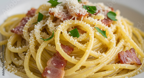 Authentic Carbonara Pasta with Crispy Bacon Parmesan Cheese and Fresh Parsley on a White Plate in Soft Natural Lighting Top View