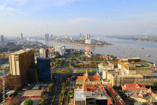 Phnom Penh City Skyline Cityscape Tonle Sap Mekong River Cambodia