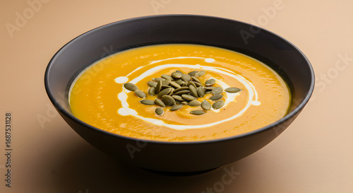 Creamy Pumpkin Soup in Dark Gray Bowl with Swirl of Cream and Toasted Pumpkin Seeds on Neutral Background