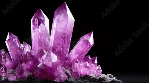 Cluster of vibrant purple amethyst crystals with sharp points, set against a dark background, showcasing their crystalline structure.