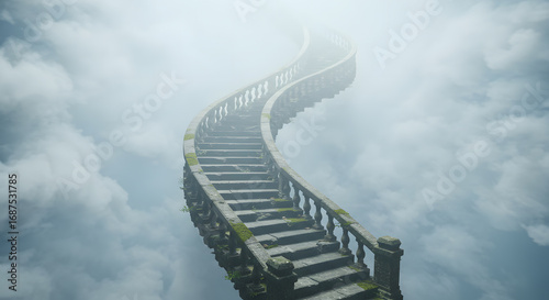 Pixelated Stone Stairway Ascending into Ethereal Cloudy Sky with Soft Lighting and Moss Accents