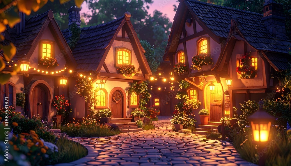 Fototapeta premium Cozy cartoon village scene with detailed houses, lanterns, and charming animated atmosphere in warm colors