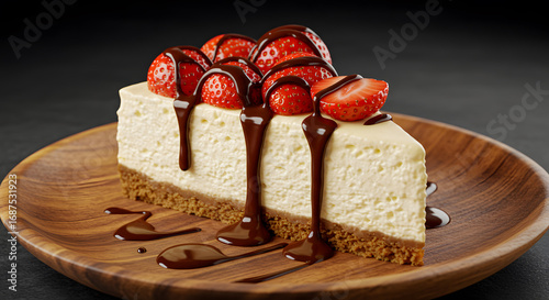 Slice of Creamy Cheesecake Topped with Fresh Strawberries and Chocolate Drizzle on Wooden Plate in Dark Setting