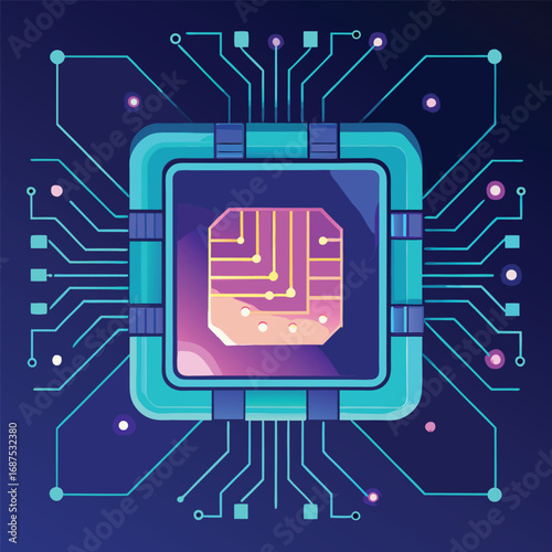 Abstract illustration of a central processing unit microchip with connected circuit board design and elements against a dark blue backdrop.