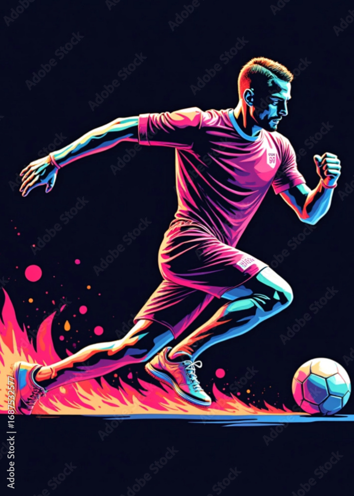 Obraz premium Soccer Player's Blaze of Glory: A soccer player in a dynamic, neon-infused illustration, showcasing explosive speed as he chases after a soccer ball.