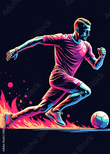 Soccer Player's Blaze of Glory: A soccer player in a dynamic, neon-infused illustration, showcasing explosive speed as he chases after a soccer ball.