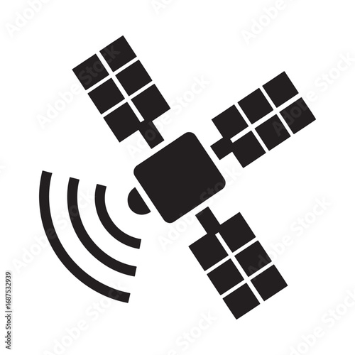 Black silhouette of a satellite with solar panels and signal waves space technology