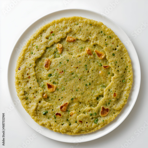 A traditional South Indian green gram pancake, known as pesarattu dosa, served plain on a clean