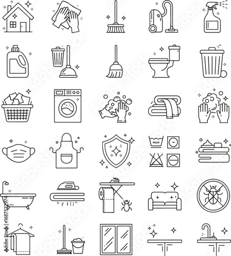 
Home cleaning line icon set. Vector symbols for housekeeping service.