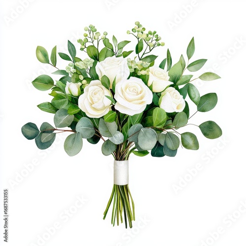 Wedding bouquet clipart, white roses and eucalyptus