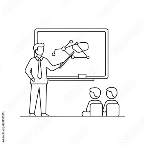 Teacher pointing at network diagram on whiteboard for students in classroom Keywords: teacher