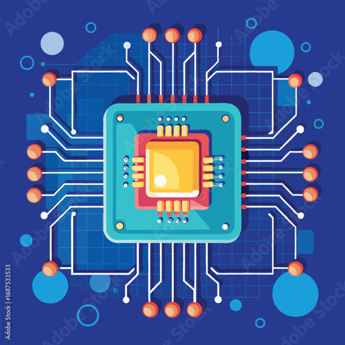 Colorful flat illustration of a computer processor depicting central processing unit and circuit board design on a navy blue background
