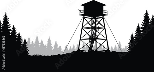 a watchtower silhouette stands tall amidst dense forest trees