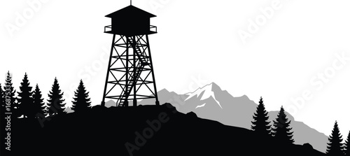 a watchtower silhouette stands tall against mountainous backdrop