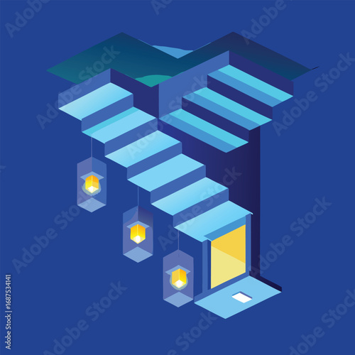 Isometric illustration of an architectural stairway structure with pendant lights in a modern minimalist blue environment