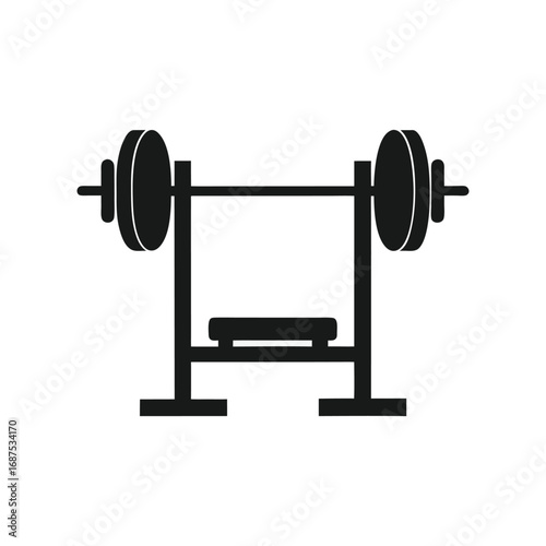 Dumbbell , Illustration of a weight bench with a heavy barbell on a rack, gym equipment for strength training isolated on white background
