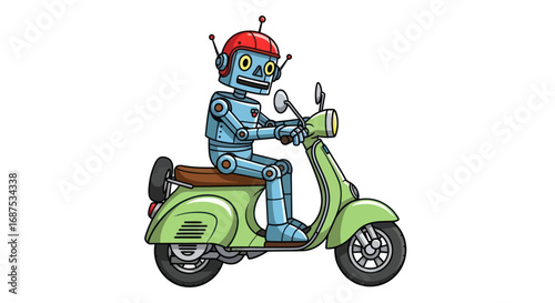 Cartoon Robot Riding a Green Scooter with Red Helmet and Antennae.