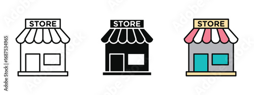 Store icon in fill colored outline style on a clean white background, representing shops, retail outlets, and ecommerce businesses.
