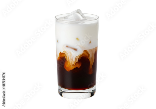 A refreshing iced coffee drink, layered with creamy milk and ice, showcasing a smooth transition between the two liquids.