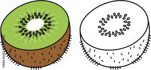 Cartoon Kiwi Fruit Half with Outline for Kids' Coloring Pages and Healthy Food Concepts
