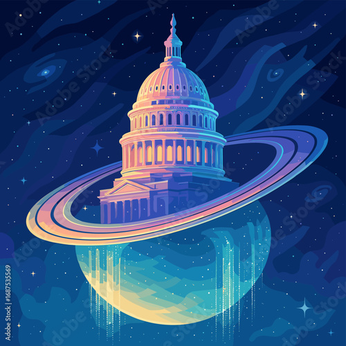 Iconic governmental dome transformed into a majestic celestial landmark, gracefully orbiting a vibrant ringed planet in a dazzling cosmic expanse