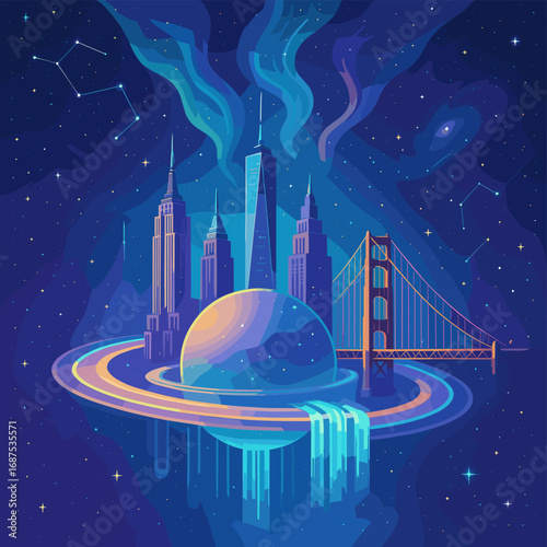 Celestial Cityscape A Whimsical Journey Through Time and Space in an Abstract Design