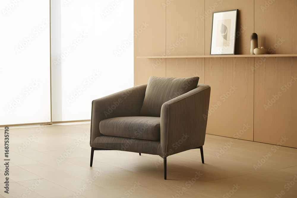 Fototapeta premium Modern upholstered armchair with slender metal legs in a minimalist room