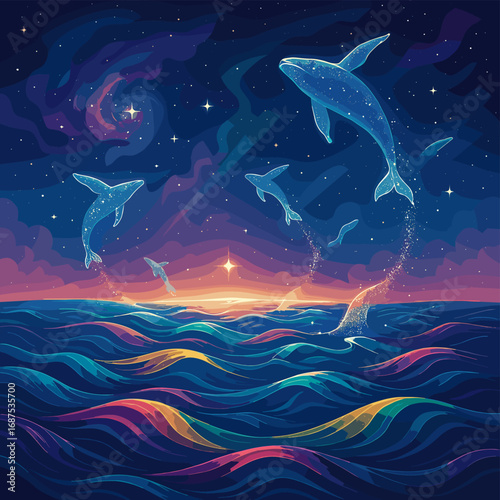 Whimsical cosmic whales leaping from vibrant ocean waves under a starry night sky