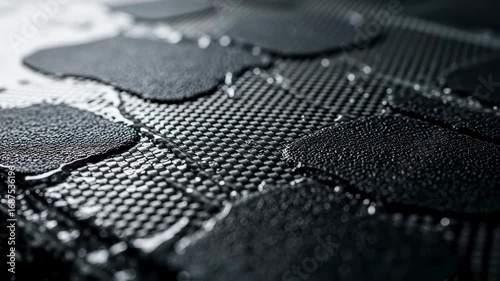 Closeup macro of woven carbon fiber patterns integrated with radarabsorbent materials during the naval mine composite layup process.