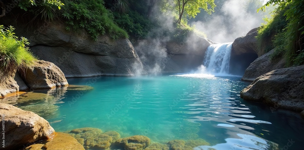 Naklejka premium Relaxing geothermal hot spring with steaming water cascading down rocks, surrounded by lush green vegetation and a tranquil atmosphere Ideal for wellness, nature, and travel themes , soak, rocks