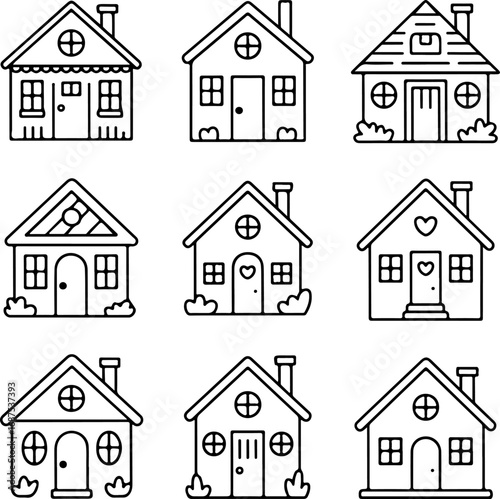 Set of nine charming house illustrations in a simple line art style for creative use