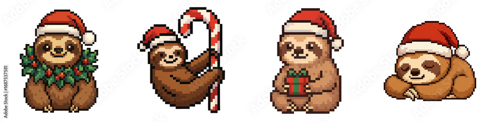 Fototapeta premium Christmas animals pixel art features four cute sloth characters wearing Santa hats with festive elements in pixel style