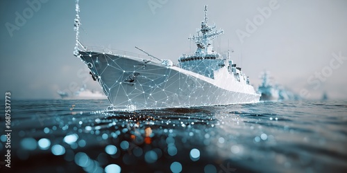 White warship floating on the sea with network connections and data points overlay, futuristic concept of naval technology and maritime communication