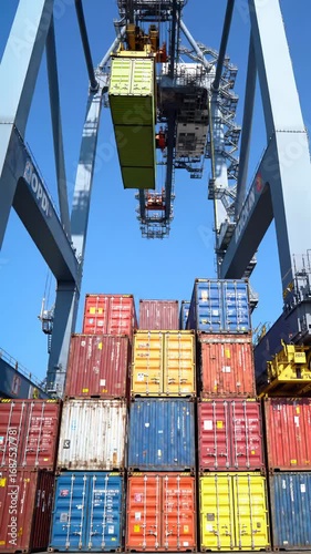 Towering gantry crane lowers a bright shipping container into a bustling modern port; camera tilts up a vast stack of colorful containers under clear sky. Global logistics concept