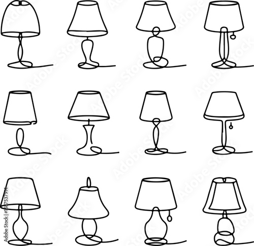 Collection of stylish table lamps doodle illustrations, minimalist art and design elements