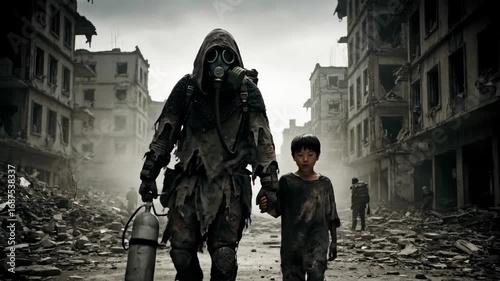 Survivors journey through post-apocalyptic ruins: man and child walking amidst destruction