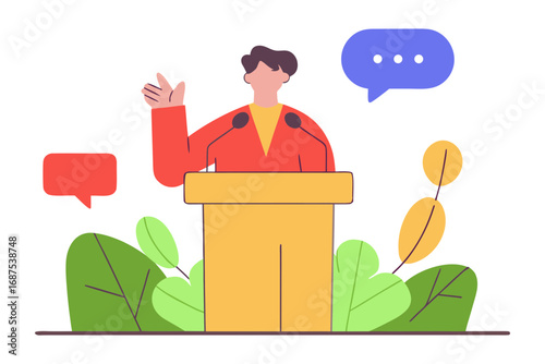 Person speaking at a podium with speech bubbles and plants isolated on transparent background